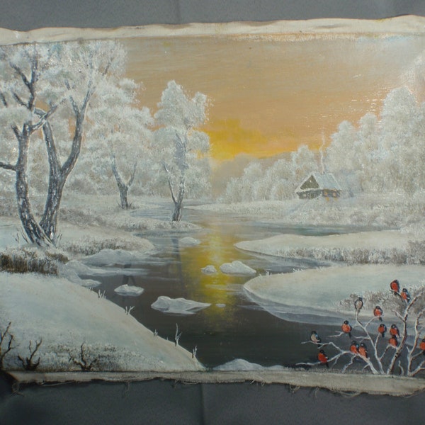 1989 UKRAINE USSR Picture Vintage Painting Winter Landscape Oil Canvas Handmade Unframed