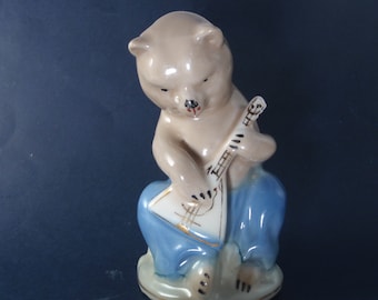 Vintage USSR Porcelain Figurine Bear & Balalaika Gorodnitsa Collectible