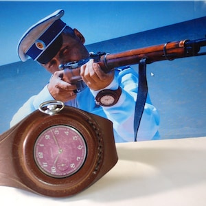 Molniya Vintage USSR Pocket Watch 3602 Mechanical Military Pilot with New Leather Genuine Strap of WWI-WWII times Biker Steampunk