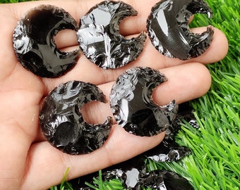 Obsidian Moon, Obsidian Crystal Crescent Moon, Black Obsidian Carved Moon, Obsidian Moon for Wire-wrap Jewelry, Decor Gift