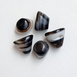 May include: Five black and white agate cabochons with a conical shape. The cabochons have a banded pattern of black, white, and brown.