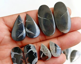 May include: Assortment of black and white cabochon gemstones with a marbled pattern. The stones are in various shapes, including oval, teardrop, and pear.