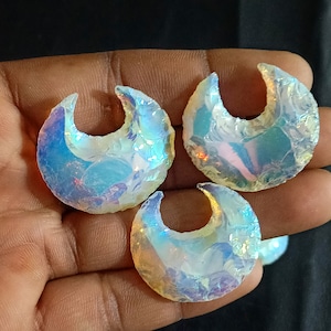 Angel Aura Opalite Moon, Aura Opalite Crystal Crescent Moon, Titanium Coated Carved Moon, Bulk Angel Aura moon for Healing Jewelry, Decor