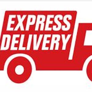 May include: Red cartoon truck with the words "EXPRESS DELIVERY" in white text. The truck has a white background and three red lines coming from the side, suggesting speed and movement.