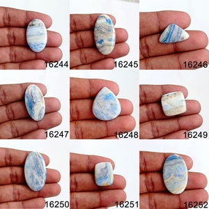 May include: Nine polished gemstones in various shapes, including oval, teardrop, and rectangular. The stones feature a mix of blue, white, and tan colors with unique veining patterns. Each stone is labeled with a number.