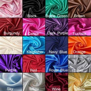 May include: A colour chart of 16 different satin fabric swatches. The swatches are arranged in a 4x4 grid. The colours are: Baby Pink, Black, Bottle Green, Brown, Burgundy, Cerise, Dark Purple, Fuchsia, Ivory, Kingfisher, Navy Blue, Orange, Purple, Red, Royal Blue, Silver, Sky, White, Wine, and Yellow.
