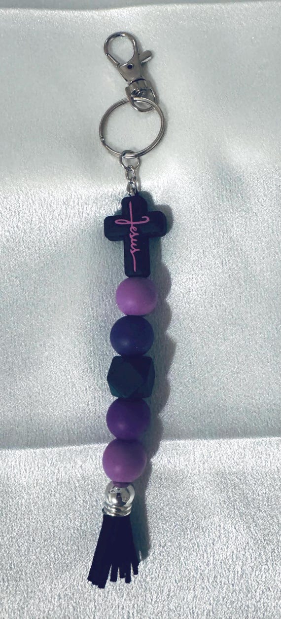 Purple Silicone Beaded Jesus Keychain