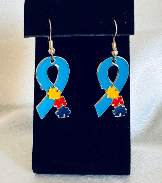 Blue Autism Ribbon Dangle Earrings.