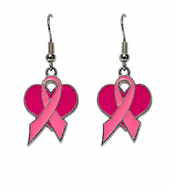Breast Cancer Dangle Earrings With Heart and Ribbon