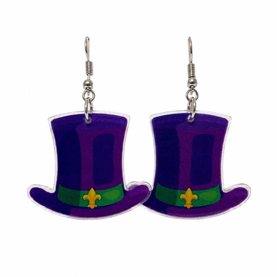 Mardi Gras Top Hat Dangle Earrings.
