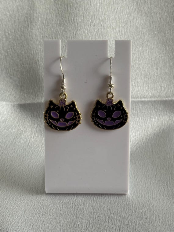 Halloween Cat Face Dangle Earrings. Hypoallergenic