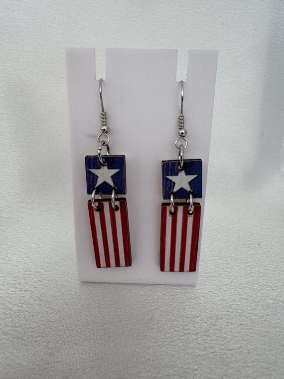 Wooden USA  Flag Dangle Earrings
