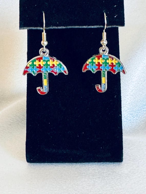 Multicolored Umbrella Autism Dangle Earrings.