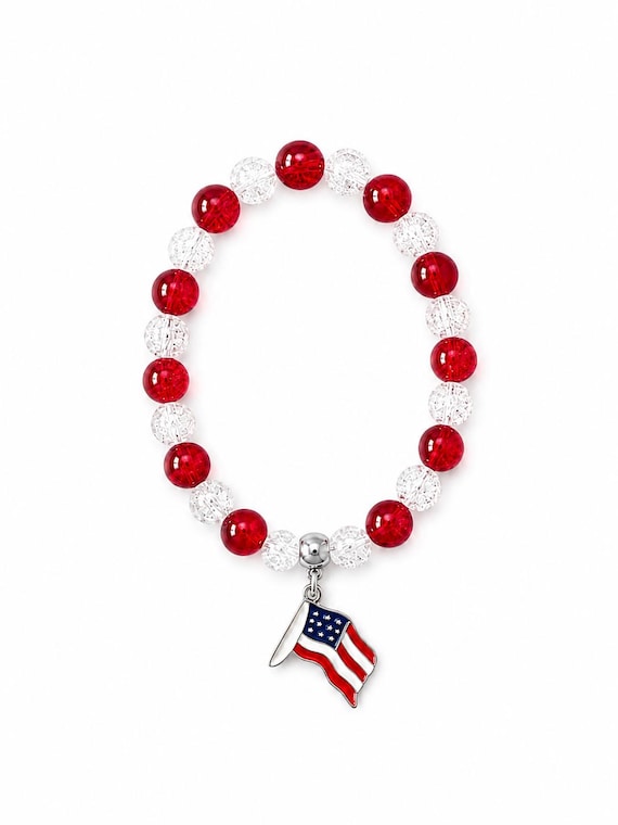 Red White and Blue Flag Charm Stretch Bracelet
