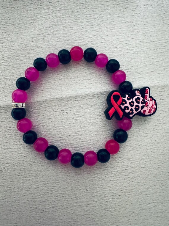 Breast Cancer Beaded Stretch Bracelet With Silicone Focal Bead