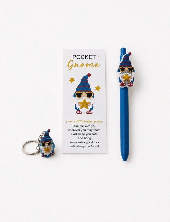 Blue Pocket Gnome With Pen, Keychain and Card