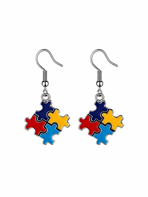 Puzzle Piece Autism Dangle Earrings.