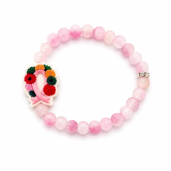 Breast Cancer Beaded Stretch Bracelet With Silicone Focal Bead