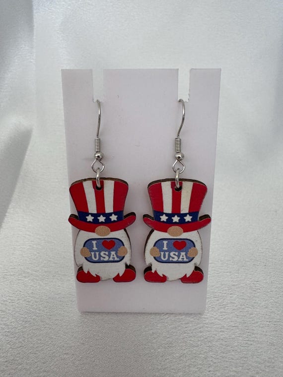 Wooden Patriotic Gnome Dangle Earrings