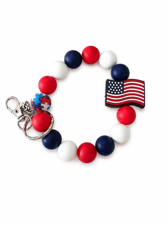 USA Wristlet Keychain with American Flag Focal Bead