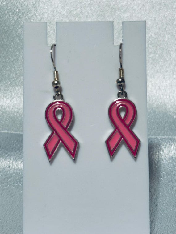 Breast Cancer Dangle Earrings With  Outlined Ribbons