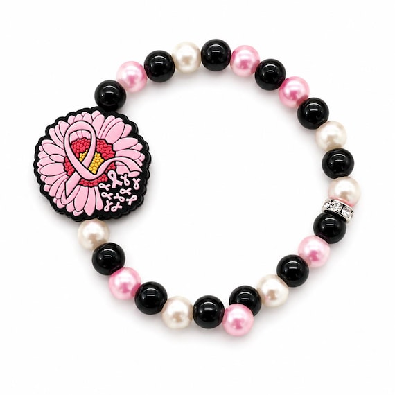 Breast Cancer Beaded Stretch Bracelet With Silicone Focal Bead