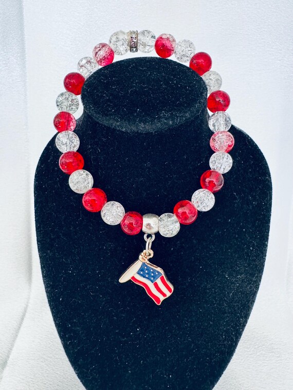 Red White and Blue Flag Charm Stretch Bracelet