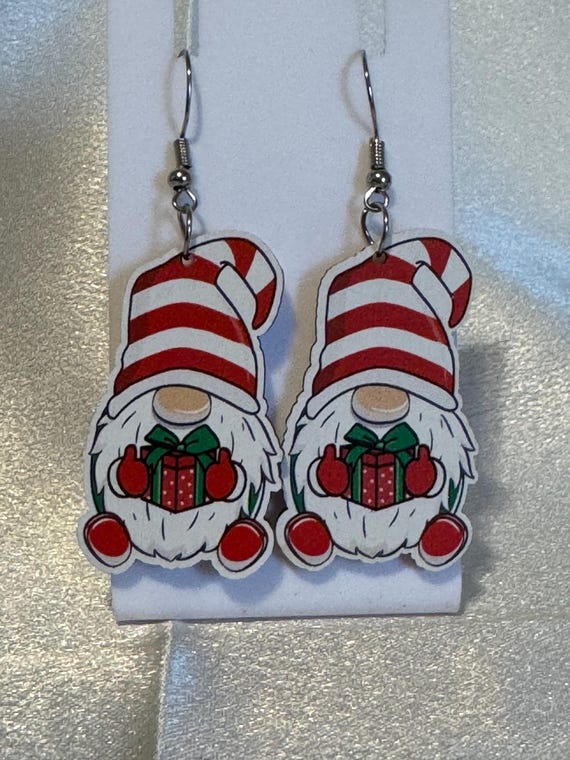 Wooden Gnome Christmas Dangle Earrings