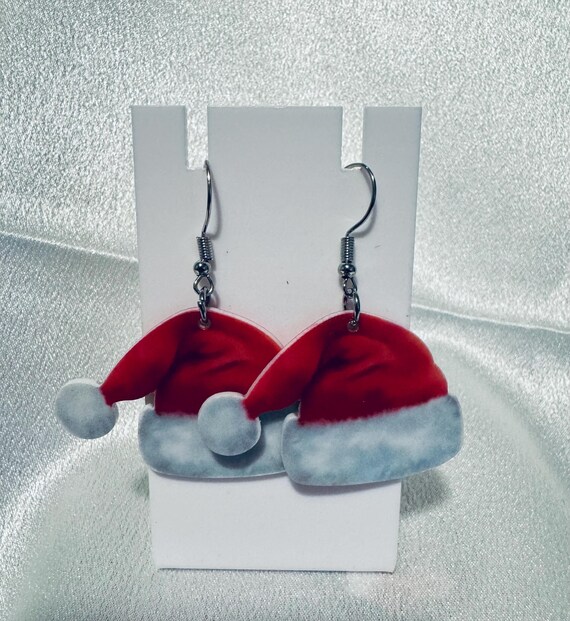 Wooden Christmas Stocking Hat Dangle Earrings