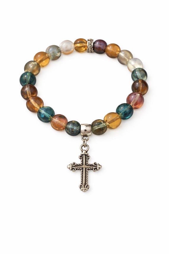 Colorful Beaded Inspirational Cross Charm Stretch Bracelet