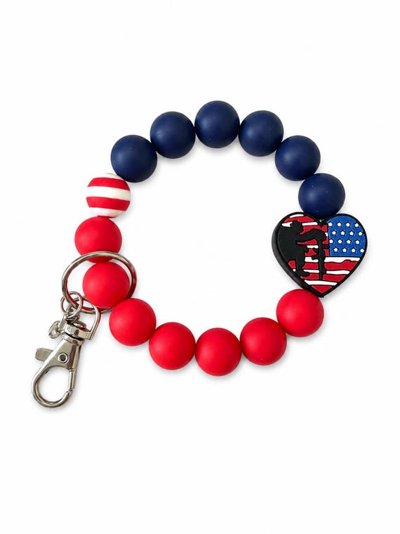 USA Wristlet Keychain with American Flag Heart and Soldier Focal Bead