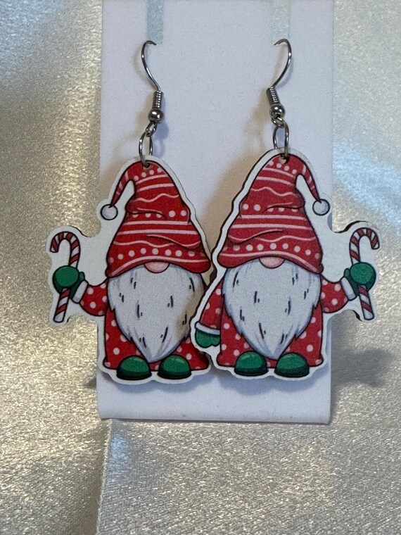 Wooden Gnome Christmas Dangle Earrings