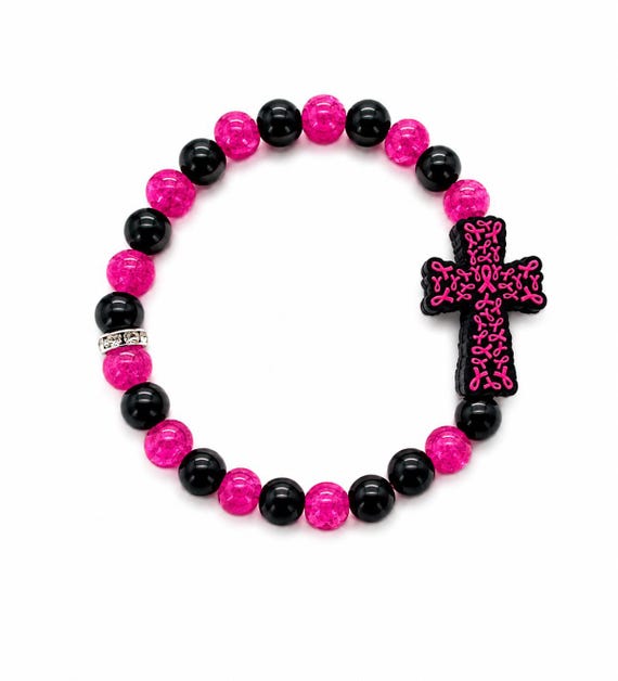 Breast Cancer Beaded Stretch Bracelet With Silicone Focal Bead