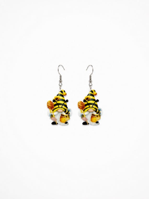 Bee Gnome Acrylic Dangle Earrings: Springtime Honeycomb Charm Accessory