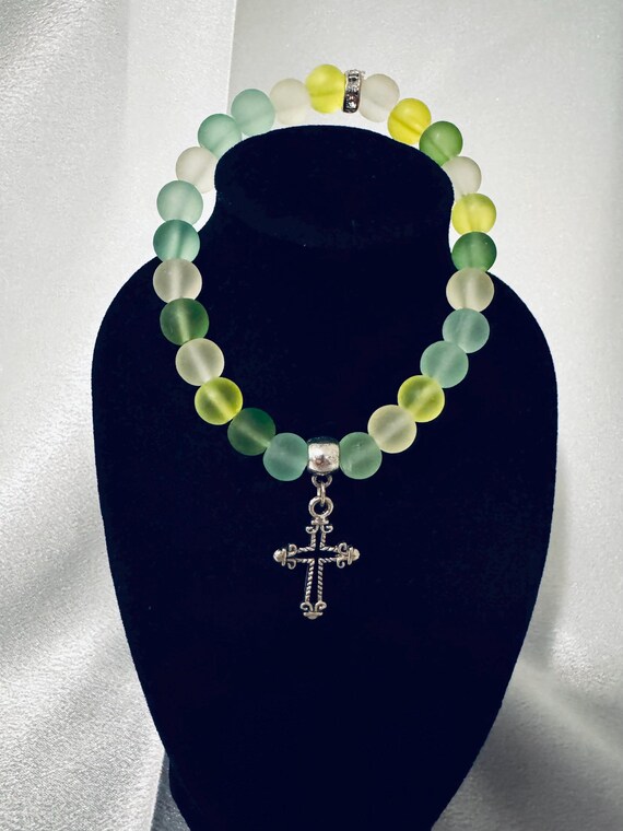 Colorful Beaded Inspirational Cross Charm Stretch Bracelet