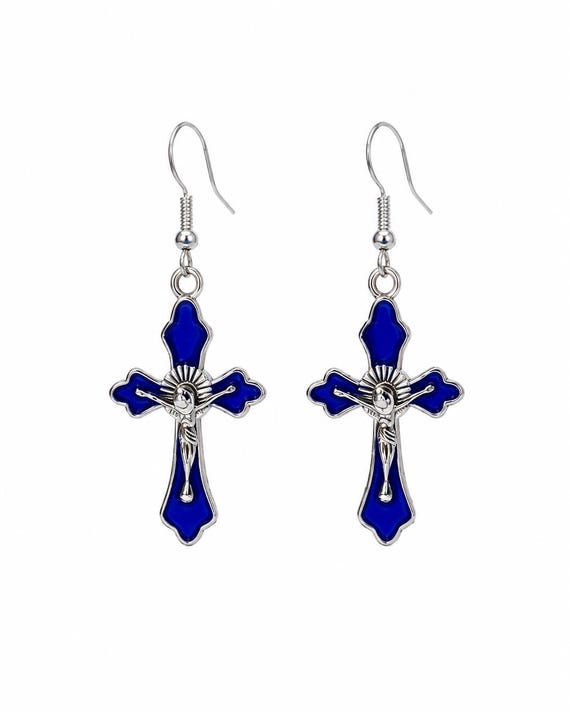 Blue Cross Dangle Earrings