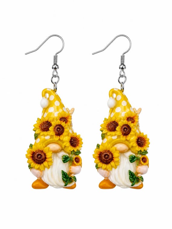 Sunflower Gnome Acrylic Dangle Earrings: Springtime, Hypoallergenic Jewelry