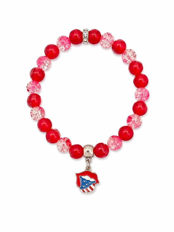 Red White and Blue  Lips With Tongue Charm Stretch Bracelet
