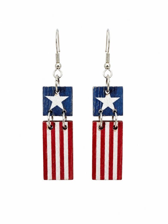 Wooden USA  Flag Dangle Earrings