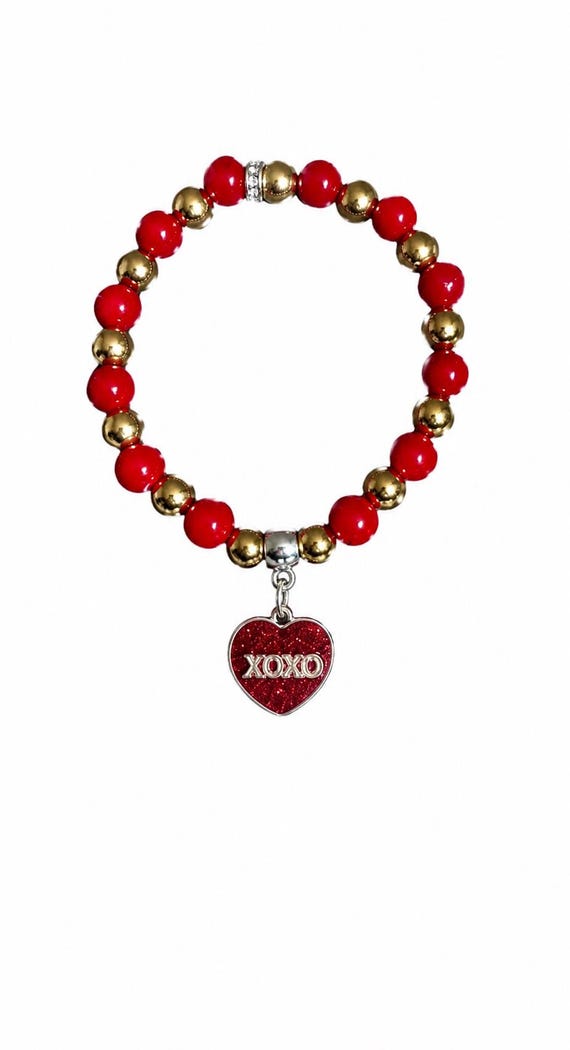 Red Heart “Love” Valentine Charm Stretch Bracelet