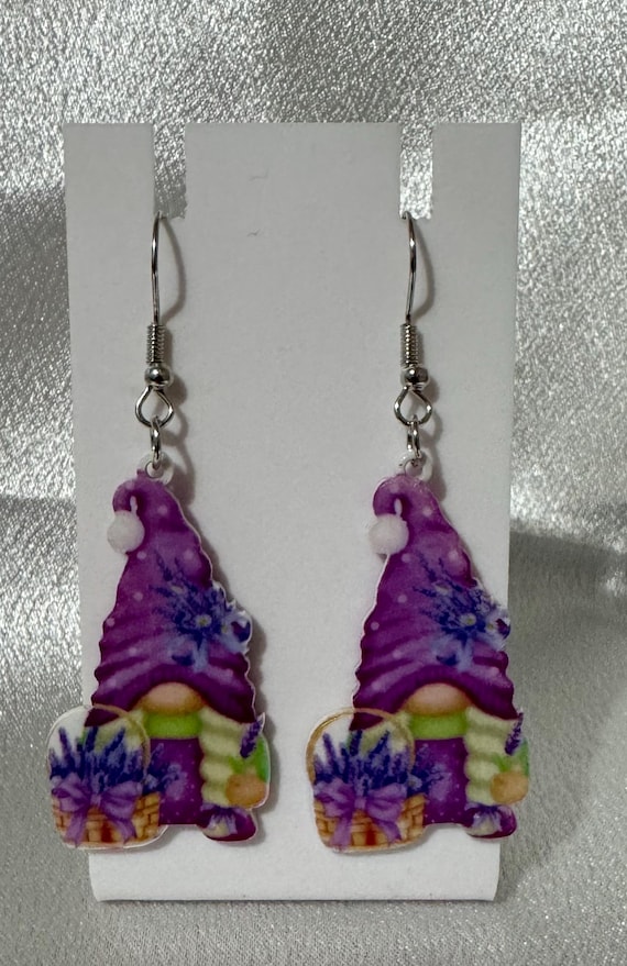 Spring Gnome Lavender Basket Dangle Earrings Hypoallergenic