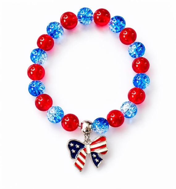 Red White and Blue Ribbon Charm Stretch Bracelet