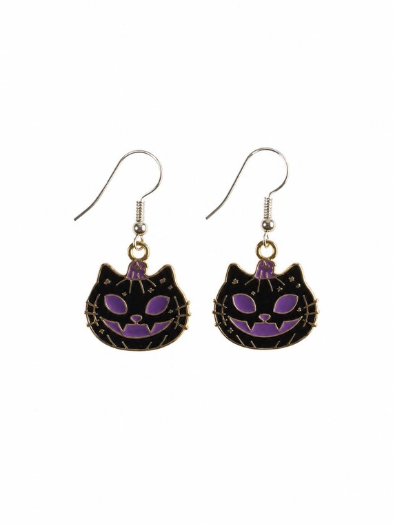 Halloween Cat Face Dangle Earrings. Hypoallergenic