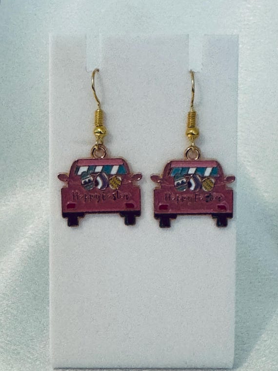 Easter Bunny In Truck Dangle Earrings.