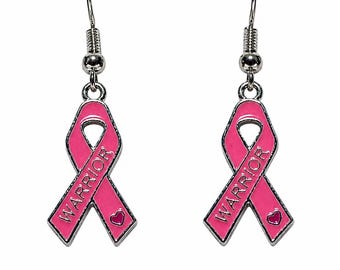 Enamel Breast Cancer Dangle Earrings Warrior Ribbon