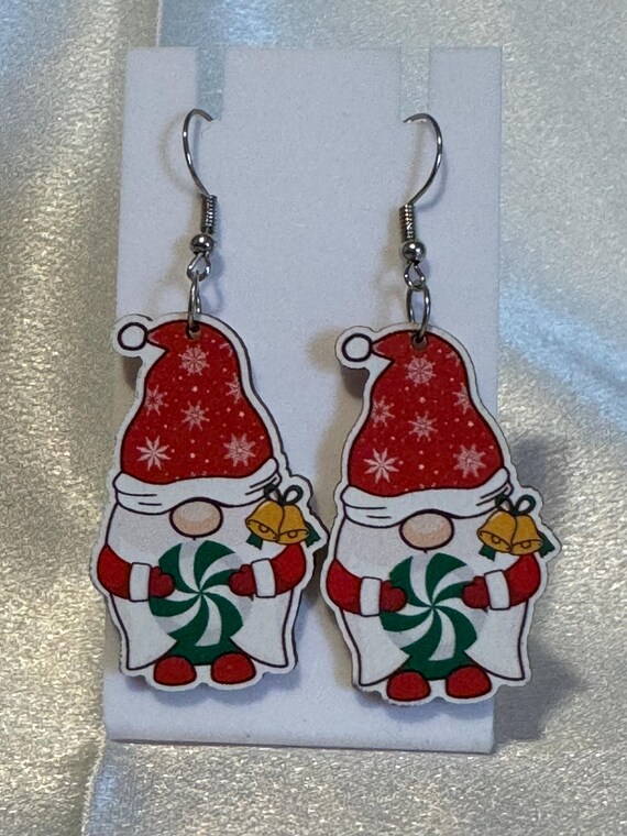 Wooden Gnome Christmas Dangle Earrings