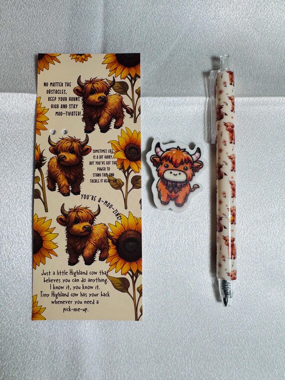 Highland Cow Mechanical Penci, Character Eraser and Positivity Bookmark