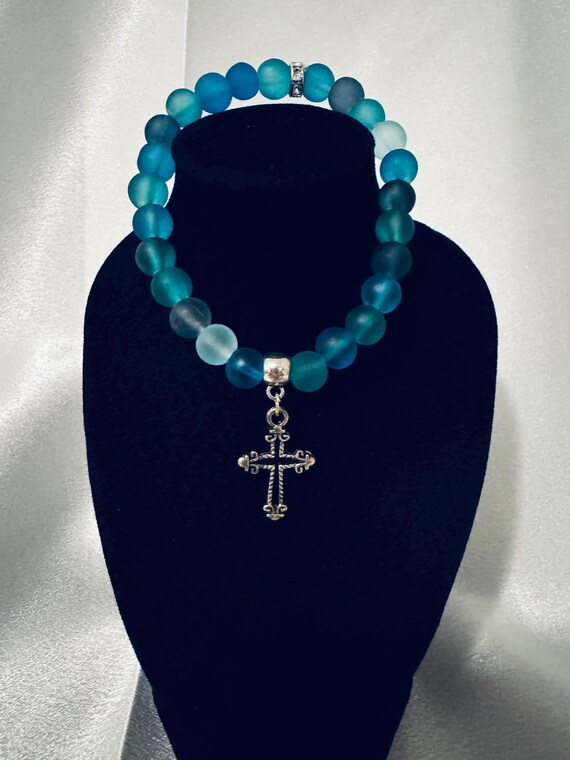 Colorful Beaded Inspirational Cross Charm Stretch Bracelet