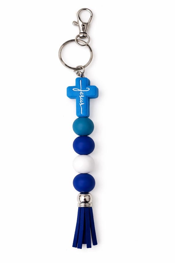 Blue Silicone Beaded Jesus Keychain