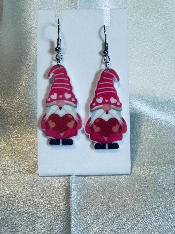 Acrylic Valentine Heart Gnome Dangle Earrings
